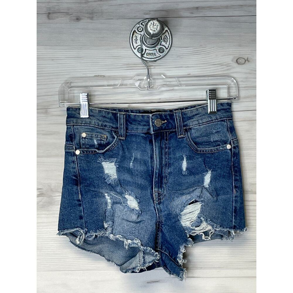 Kendall+Kylie The Icon Shorts 26 Distressed Blue Jean Cut Off Stretch Cotton